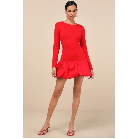 Lulu's Vibrant Red Long Sleeve Dress - Picture 1 of 7